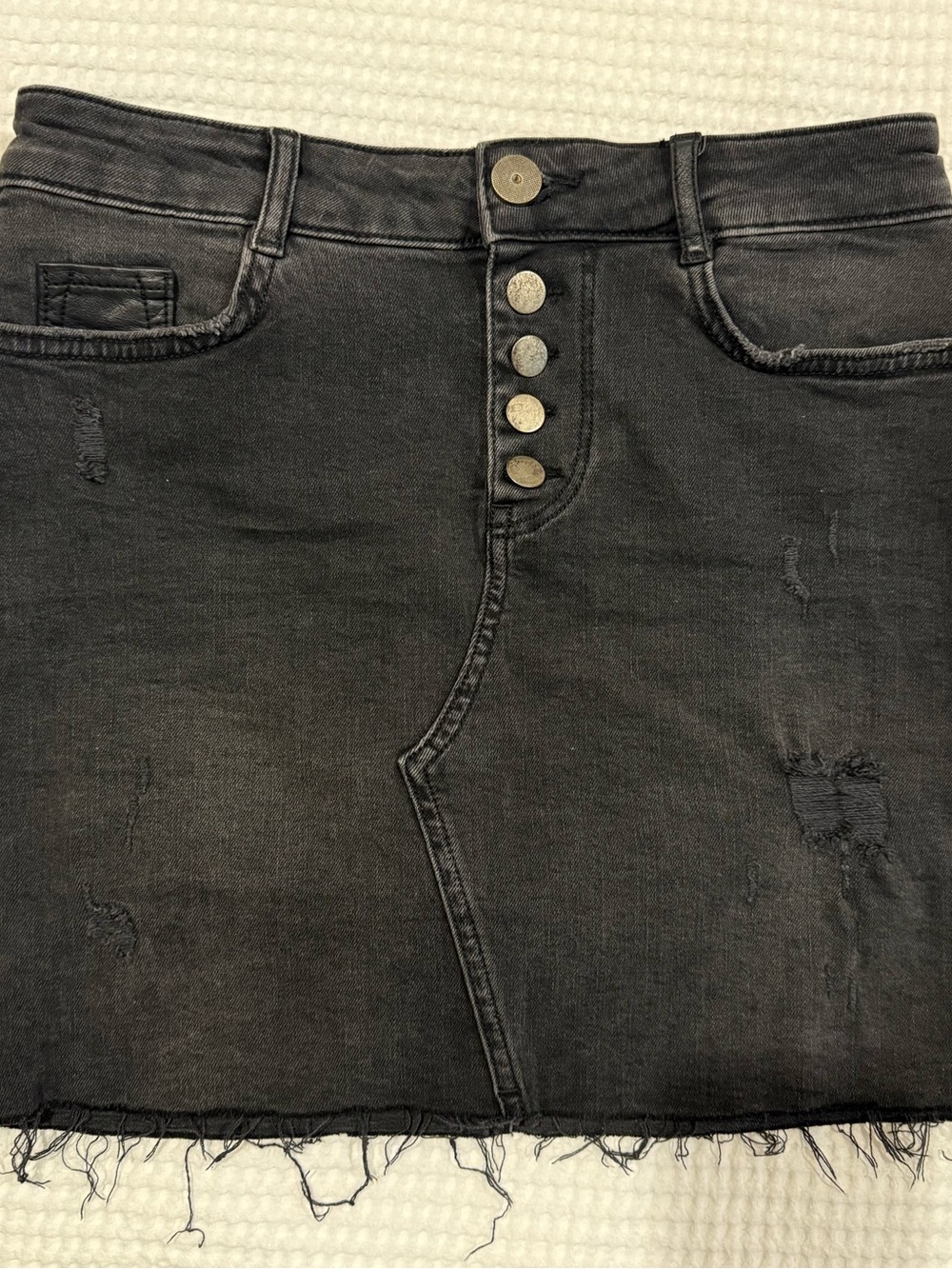Zara Black Distressed Denim Skirt with Exposed Button Fly